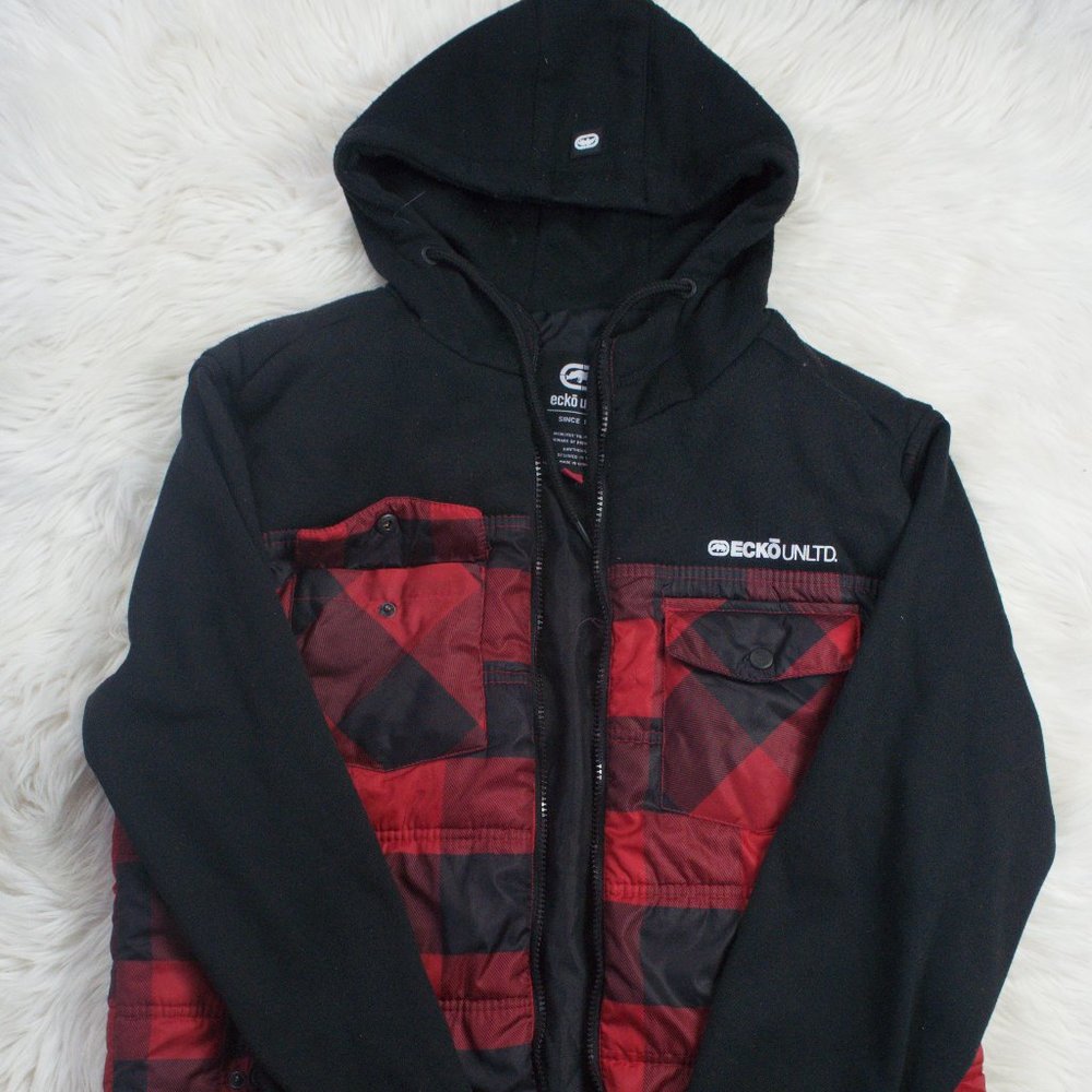 Ecko Unltd. Men's black and red plaid jacket medium sized
